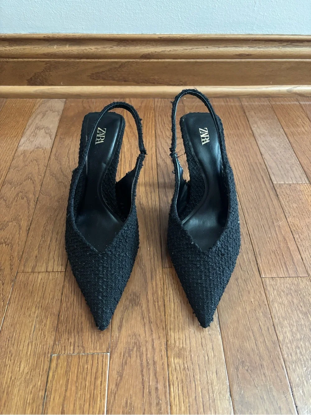 Zara Black Tweed Pointed Toe Sling Back Heels with Gold Tone Accents